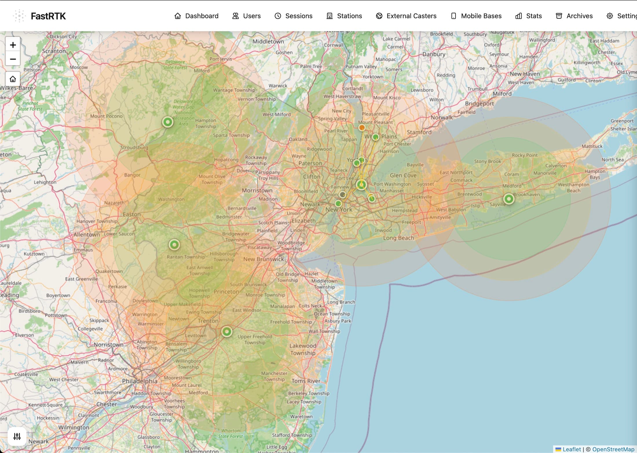 FastRTK dashboard — live station coverage map