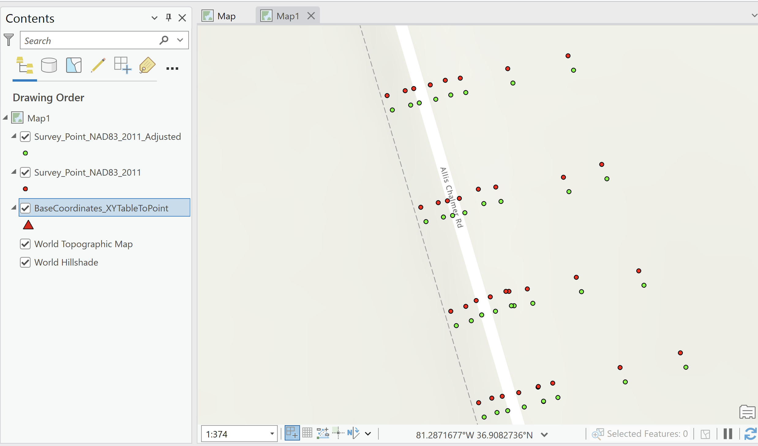ArcGIS Pro showing approximate (red) and processed (green) base coordinates with field data points